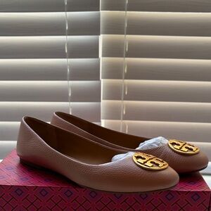 Tory Burch Gold Logo Tan Flats
